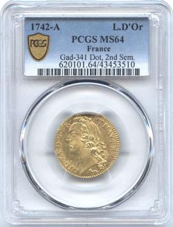 フランス 1ルイドール金貨 1742(A) ルイ15世(1715-1774) PCGS-MS64