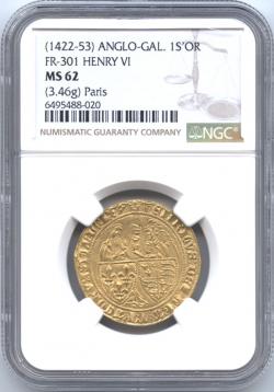 フランス 1サリュードール金貨 N.D.(1422-1453) イングランド王ヘンリー6世(1422-1453) NGC-MS62  準未使用｜ダルマコインショップ