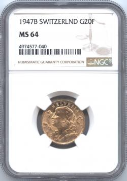 スイス 20フラン金貨 1949(B) ブレネリ NGC-MS64 未使用品+｜ダルマコインショップ