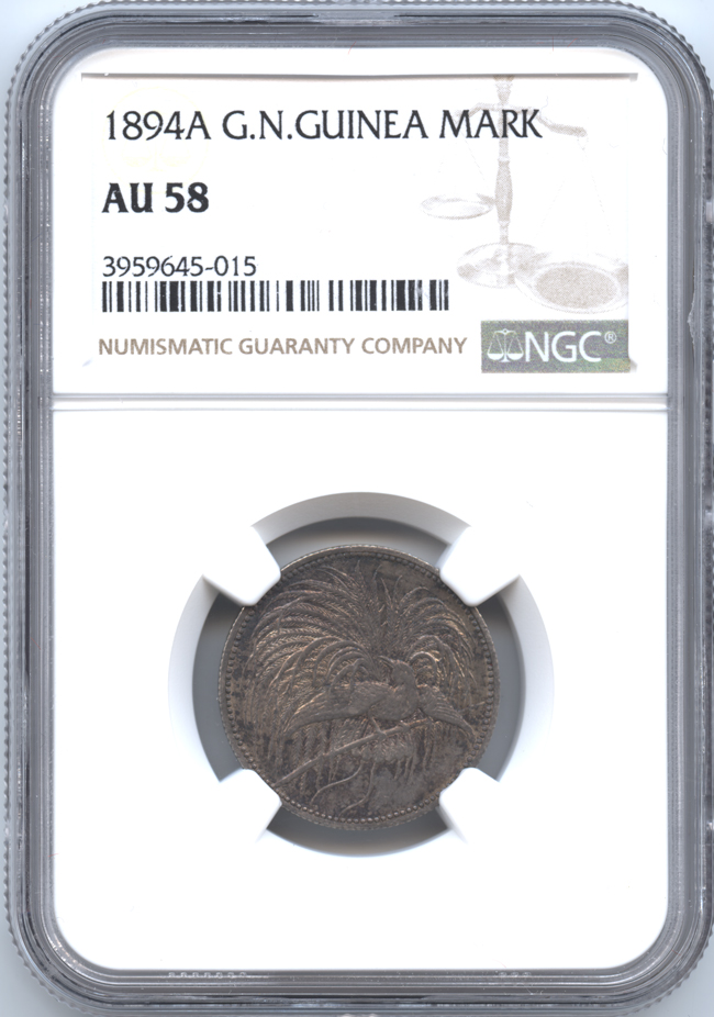 ドイツ領ニューギニア 1マルク銀貨 1894(A) 極楽鳥 NGC-AU58 トーン